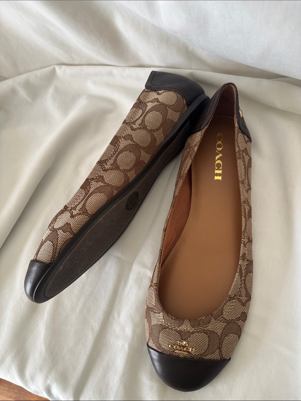 Coach Brown Signature Canvas Ballet Flats with Dark Brown Cap Toe - Picture 2 of 12